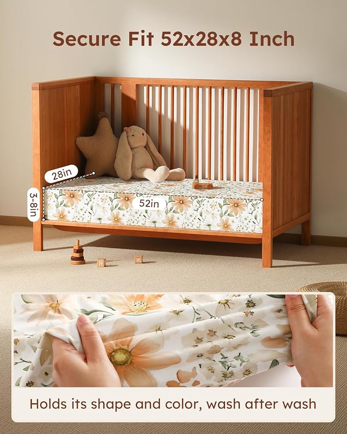 Baby Crib Sheets for Boys Girls, 28x52x8in Fitted Crib Sheet Neutral 3 Pack for Standard Crib and Toddler Mattress, Breathable Soft Microfiber Baby Sheet Orange Flowers & Plaid
