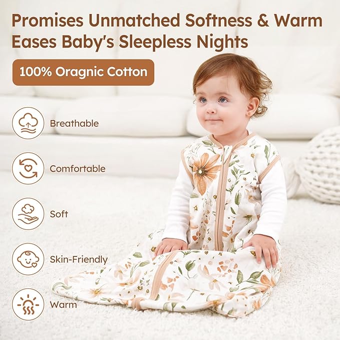 Baby Sleep Sack 18-24 Months 100% Cotton Lightweight 0.5 TOG Wearable Blanket Baby Sleep Bag with 2-Way Zipper for Infant Toddler Orange Flowers