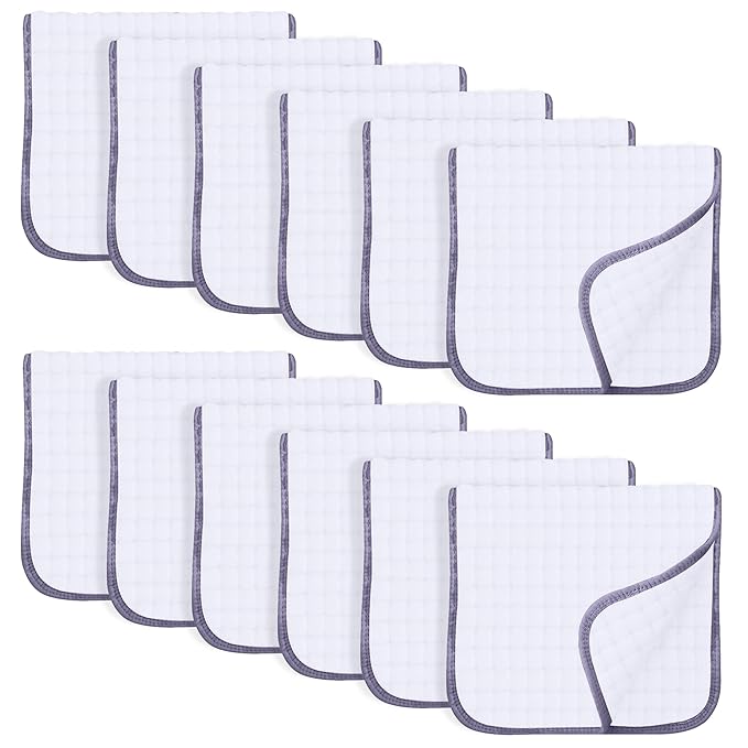 SWEET DOLPHIN 12 Pack Muslin Burp Cloths Large 100% Cotton Hand Washcloths for Baby - Baby Essentials Extra Absorbent and Soft Boys & Girls Milk Spit Up Rags for Newborn Registry - Grey Trim, 20" X10"