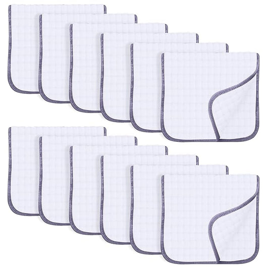 SWEET DOLPHIN 12 Pack Muslin Burp Cloths Large 100% Cotton Hand Washcloths for Baby - Baby Essentials Extra Absorbent and Soft Boys & Girls Milk Spit Up Rags for Newborn Registry - Grey Trim, 20" X10"