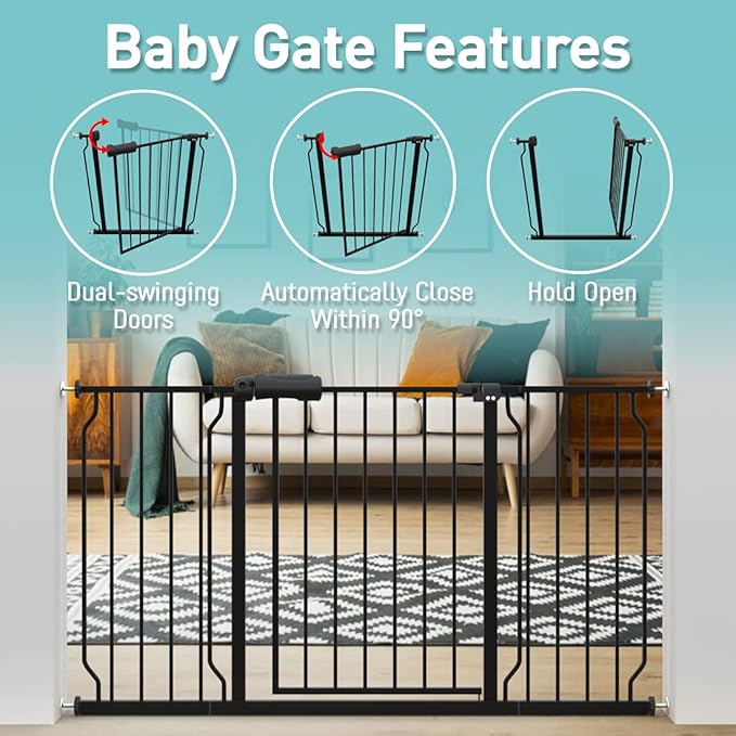 WAOWAO Baby Gate 66.93-71.65" Extra Wide Pressure Mounted Walk Through Swing Auto Close Safety Black Metal Toddler Kids Child Dog Pet Puppy for Stairs,Doorways,Kitchen