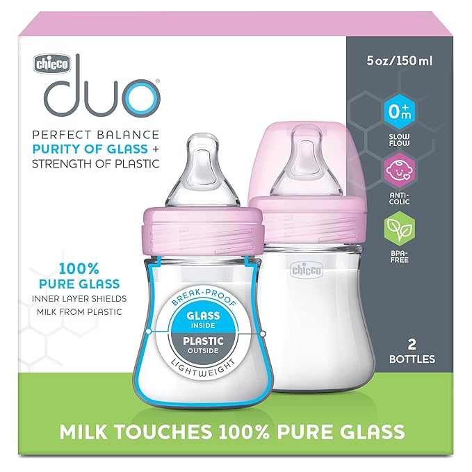 Chicco Duo 5oz. Hybrid Baby Bottle with Invinci-Glass Inside and Plastic Outside | Dishwasher, Bottle Warmer, and Electric Sterilizer Safe | Intui-Latch Nipple | Clear/Pink, 2pk