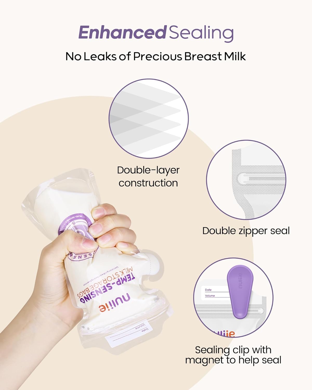 Nuliie 240pcs Temp-Sensing Breastmilk Storage Bag, Huge Temp-Sensing Icon & Locking Clamp, 6oz Breast Milk Storage Bags Freezer Pour Spout, Self Standing Milk Storage Bags Breastmilk, BPA-Free No-Leak