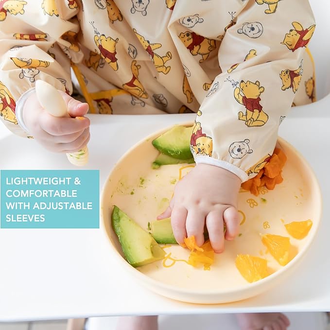 Bumkins Disney Sleeved Bib for Girl or Boy, Baby and Toddler for 6-24 Mos, Essential Must Have for Eating, Feeding, Baby Led Weaning, Long Sleeve Mess Saving Food Catcher, Winnie the Pooh Hunny