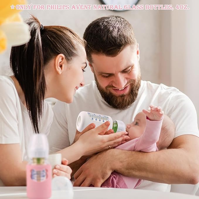 4 Pack Silicone Sleeves for Dr Brown's Glass Baby Bottles, Anti Breakage Baby Bottle Holder, Compatible Dr. Brown's Natural Narrow Glass Baby Bottles 4 oz, BPA Free (White+Pink+Purple+Orange)