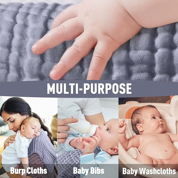 Yoofoss Muslin Burp Cloths for Baby 10 Pack 100% Organic Cotton Baby Washcloths for Boys Girls Large 20''X10'' Super Soft and Absorbent Fog Blue