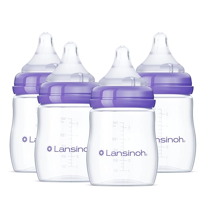 Lansinoh Anti-Colic Baby Bottles for Breastfeeding Babies, 5 Ounces, 4 Count, Includes 4 Slow Flow Nipples, Size S