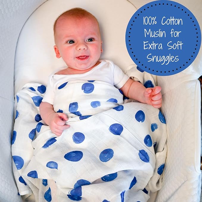 LollyBanks Swaddle Blanket - 100% Cotton Muslin Swaddle, 47 x 47 Inches, Neutral, Baby Essentials, Blue Dots Print