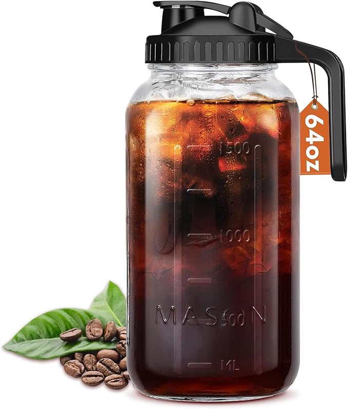Glass Pitcher with Lid, 64 OZ Mason Jar Pitcher Double Leak Proof, 2 Quart Breast Milk Storage Containers for Fridge, Wide Mouth Glass Jar for Sun Tea, Juice, Cold Brew Coffee