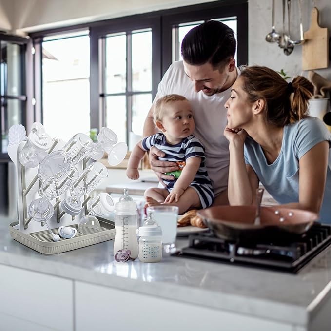 Termichy Baby Bottle Drying Rack: Large Vertical Bottle Dryer Rack Holder - Space Saving Standing Drying Rack for Baby Bottles and Pump Part Cleaning (Khaki)