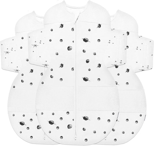 Happiest Baby SNOO Sleep Sack - 100% Organic Cotton Baby Swaddle Blanket - Doctor Designed Promotes Healthy Hip Development - 3-Pack Bundle (Ivory Planets, S, M, L)