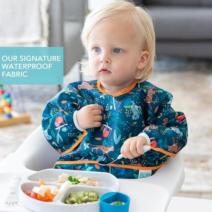 Bumkins - Sleeved Bib - For Boys & Girls, Babies & Toddlers 6-24 Months - Lightweight, Durable, Waterproof - Long Sleeve Bib - Catch-All Pocket - Wipeable & Machine Washable - Jungle & Ocean - 2 Pack
