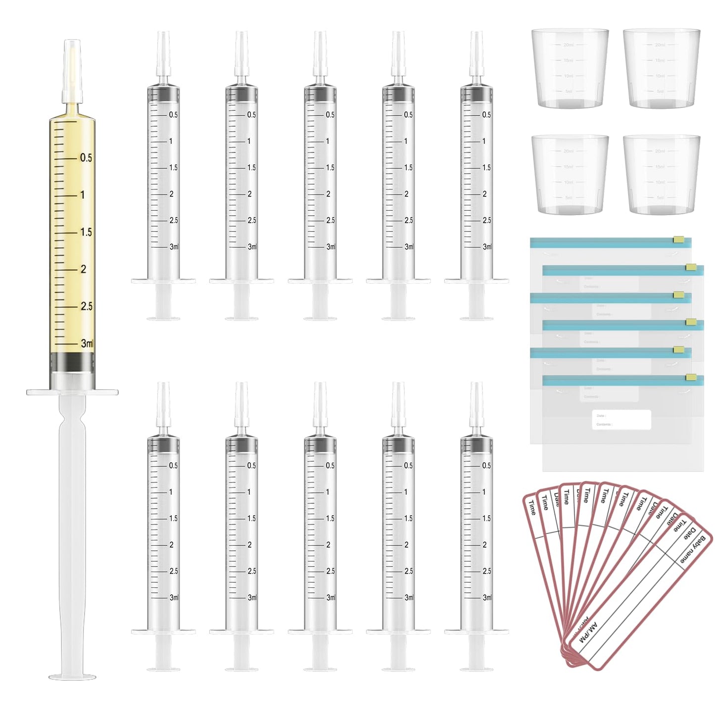 60 Sets 3Ml Colostrum Collector Kit Include 60 3ml No Needle Sterile Syringes with Cap, 4 Measuring Cup, 6 Zip-lock Storage Bags, 60 Labels for Breast Milk Collector