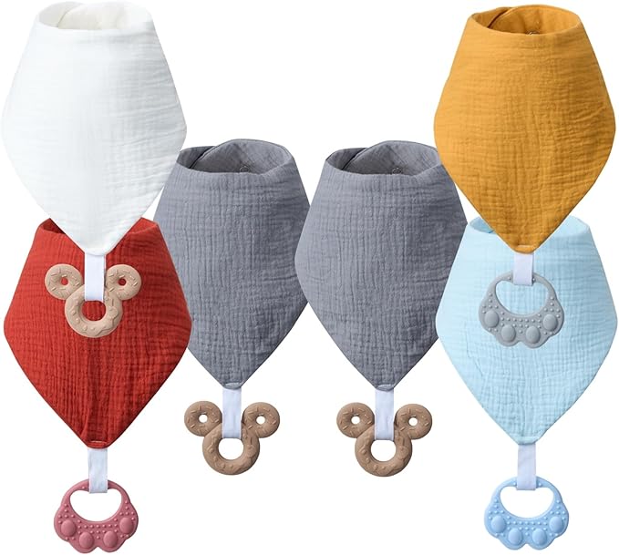 Baby Teething Bibs 6-Pack with Attachable Teether - 100% Organic Cotton, Super Absorbent & Soft Drool Bibs