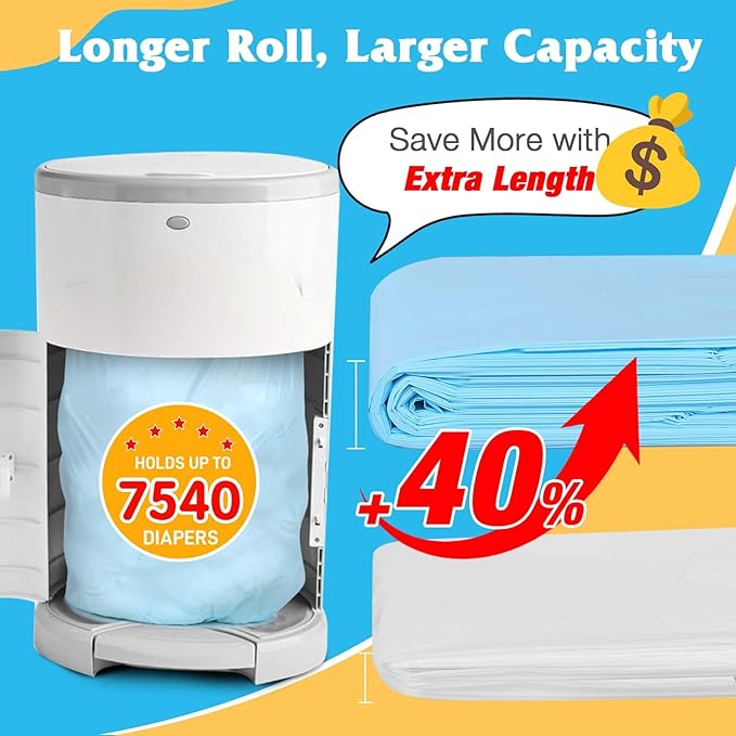 10 Pack Diaper Pail Refill Bags Compatible with Dekor Classic Diaper Pail, 40% Extra Length Refills Holds up to 6400 Diapers, Thickened Multi-layer Odor Control Diaper Bags (Baby Scent)