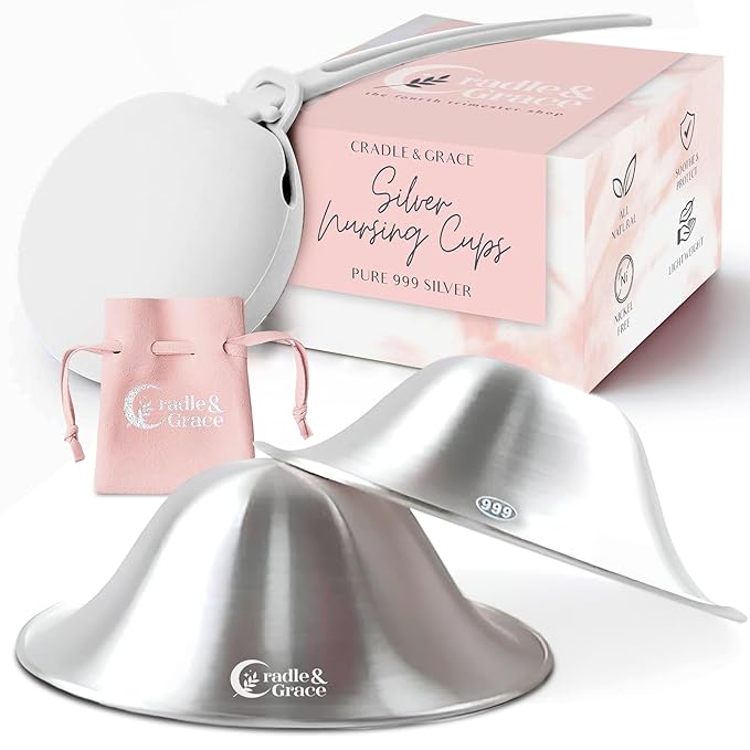 Cradle & Grace Pure 999 Silver Nursing Cups with White Carrying Case, Silver Nipple Shields for Breastfeeding Newborn, Silver Nipple Covers Breastfeeding Kit, Regular