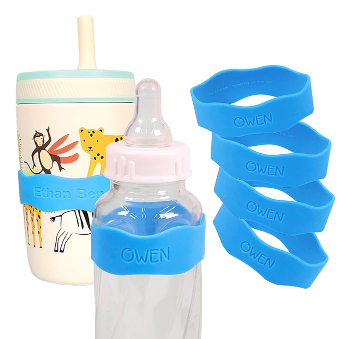 InchBug Orbit Labels Baby Bottle and Water Bottle Silicone Name Bands – Personalized Reusable Label Set for Daycare, Sippy Cups, Preschool, Elementary School, Dishwasher Safe, 4-Pack (Deep Sky Blue)