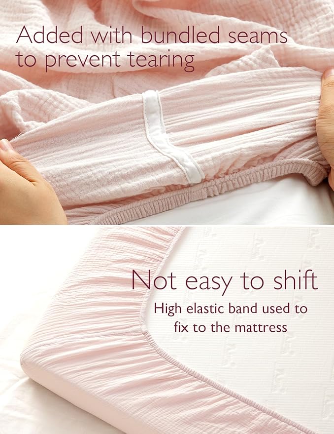 Momcozy Muslin Mini Crib Sheets Fitted - 38''x26'' Pack and Play Sheets for Pack N Play Mattress, 2 Pack Soft & Breathable Natural Cotton Non Slip Bed Cover for Boys, Girls, Beige Blush