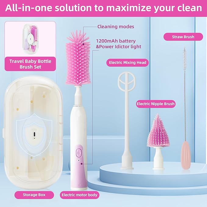 Electric Bottle Brush Set with Silicone Pacifier/Straw Brush and Mixing Head, Water Bottle Cleaner with Drying Rack, 2 Modes & 360 Rotation (Purple)