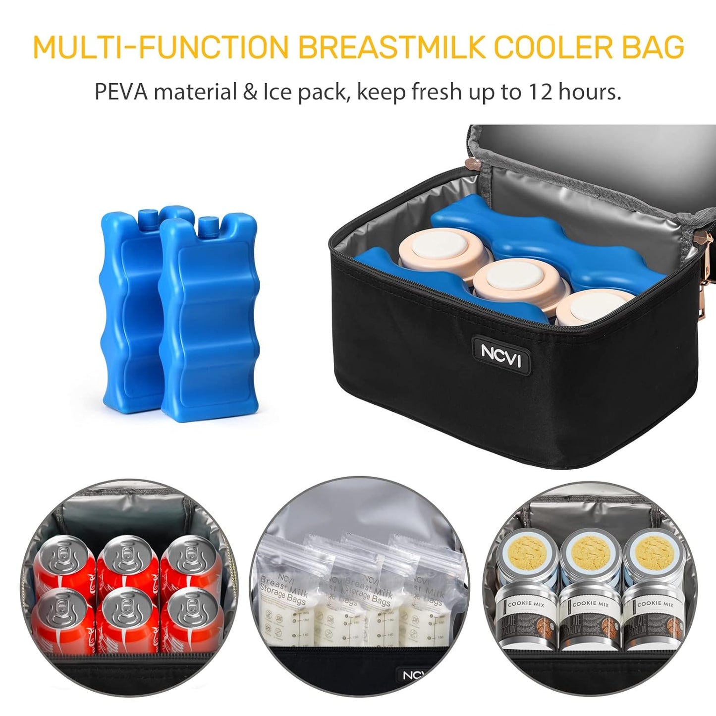 NCVI Breastmilk Cooler Bag with 2 Ice Pack, Breast Pump Bag with Cooler Fits 6 Bottles, Double Layer Breast Milk Baby Bottle Cooler Bag, for Travel, Nursing Mom Daycare, Work, Picnic (Black)