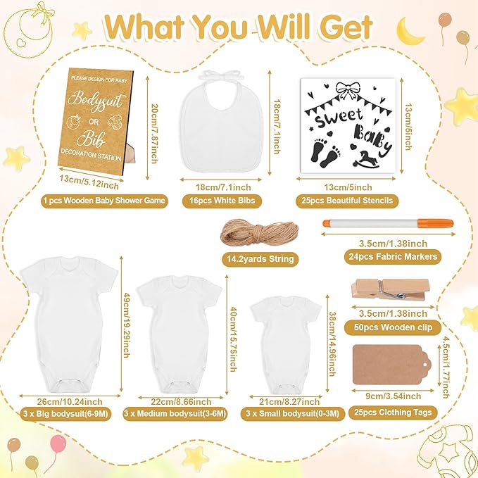Pydeeirom 151 Pcs Baby Shower Game Decorations Kit with Bibs, Bodysuits, Wooden Sign & Fabric Markers (Classic)