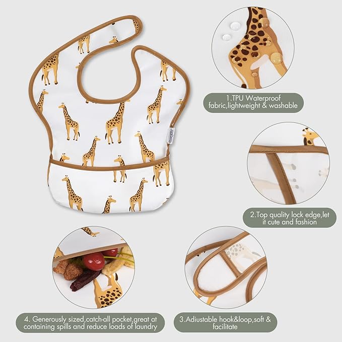 Soarwg Kids Baby Bibs, 5 Pack Waterproof Bibs for Unisex Boys Girls, Essential Must Have for Babies Eating, Feeding