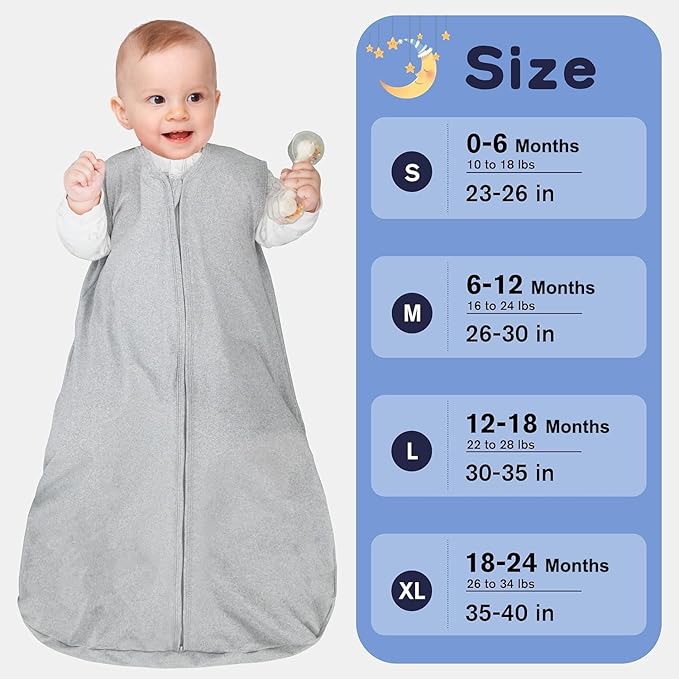 Baby Sleep Sack 12-18 Months Baby Wearable Blanket 100% Rayon Cotton 2-Way Zipper Toddler Sleeping Sack，Comfy Soft Lightweight TOG 0.3(grey)