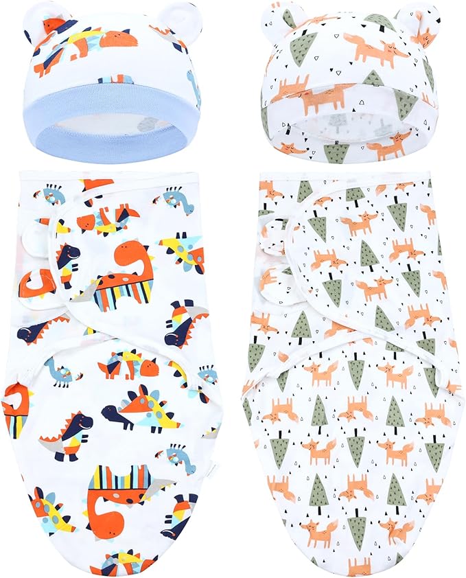 Cinaci 2 Pieces Adjustable Soft Cotton Baby Swaddle Sleep Sacks Hats Newborn Nursery Caps Beanies Bonnets Swaddle Blanket Wraps for Baby Girls Boys Infants Newborns (2PCS S6)