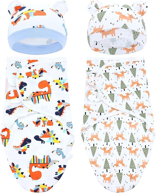 Cinaci 2 Pieces Adjustable Soft Cotton Baby Swaddle Sleep Sacks Hats Newborn Nursery Caps Beanies Bonnets Swaddle Blanket Wraps for Baby Girls Boys Infants Newborns (2PCS S6)