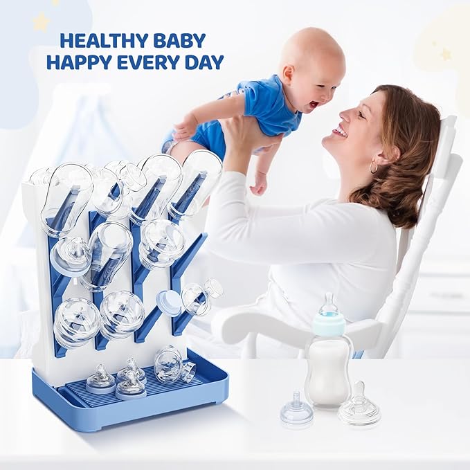 Baby Bottle Drying Rack,Baby Bottle Organizer for Countertop,Bottle Holder for Baby- Space Saving Standing Drying Rack for Baby Bottles and Pump Part Cleaning (Blue)