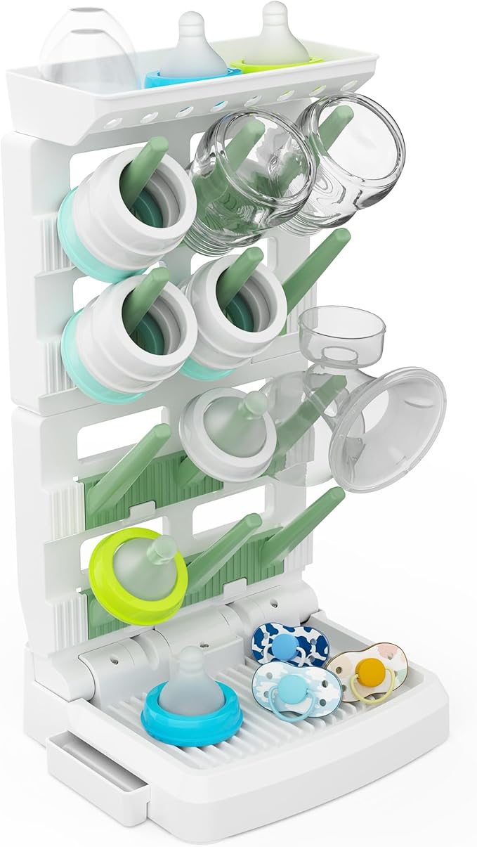 Baby Bottle Drying Rack for 12 Bottles, Space Saving Countertop Vertical Standing Bottle Dryer Rack for Baby Accessories & Pump Parts （Large White&Green）