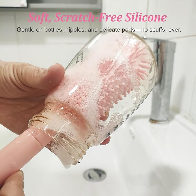 Pink Travel Baby Bottle Cleaner Kit – 6-in-1 Portable Brush Set with Drying Rack & Storage Case | Baby Travel Essentials for Flying, Newborn Bottle Cleaning & Breast Pump Parts On-The-Go