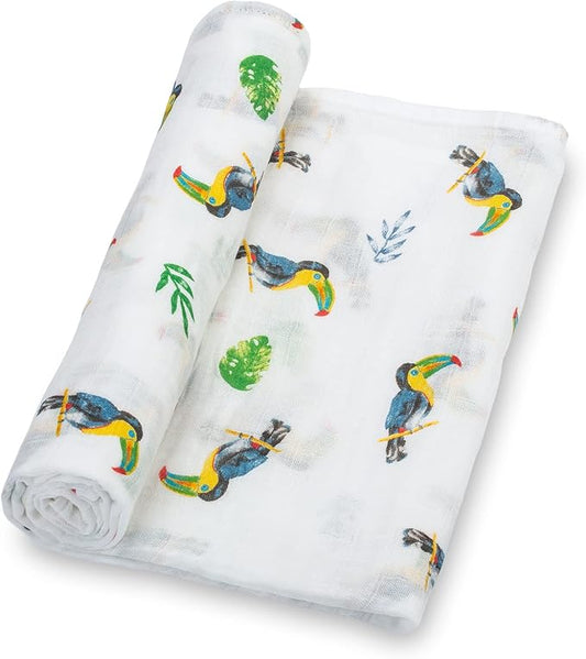 LollyBanks Swaddle Blanket, 100% Cotton Muslin Swaddle Blankets for Boys and Girls, Large 47 x 47 Inches Baby Blanket, Soft and Breathable Receiving Blankets, Registry (Vibrant Tropical Toucan)
