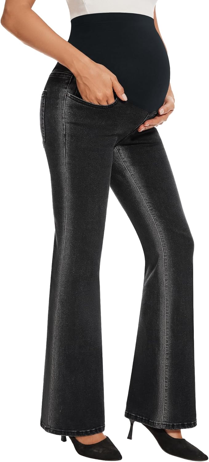 GLAMIX Women's Stretch Maternity Bootcut Jeans with Pockets Over The Belly Bell Bottoms Flare Denim Pants Pregnancy Clothes