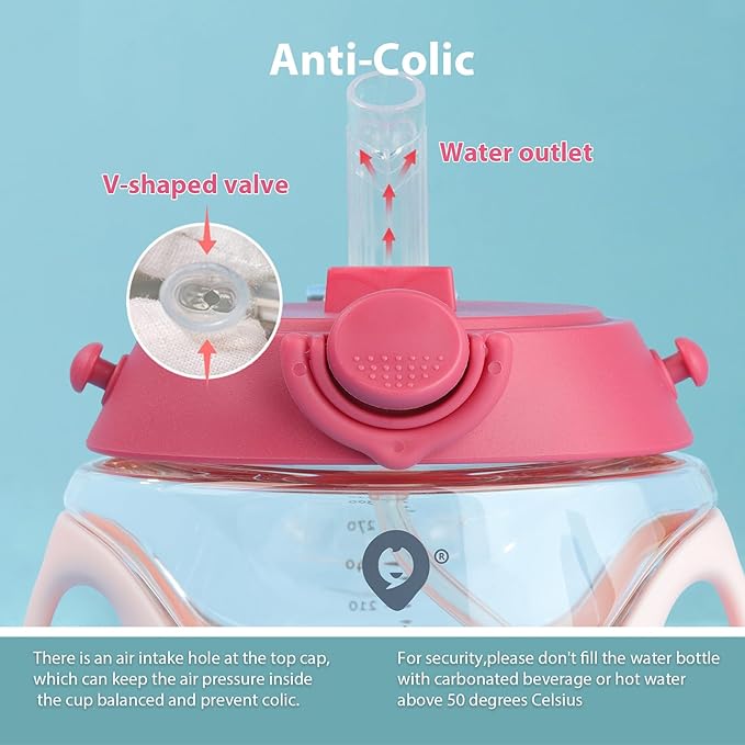 Baby Straw Water Bottle with Handles and Strap, Portable Travel Toddler Cup for School,11 Ounce(Pink)