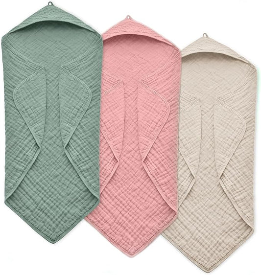 Hooded Baby Towels for Newborn, 35x35 Inch 3 Pack 100% Muslin Cotton Baby Bath Towel, Soft Baby Beach Towels with Hood for Infants, Toddlers and Kids, Essentials Must Haves