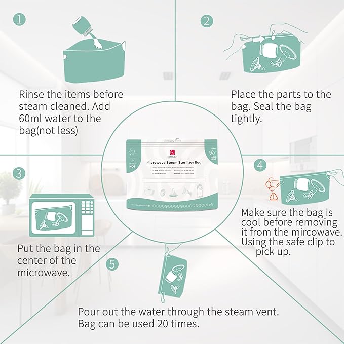 6 Bags Microwave Bottle Bags,Reusable Microwave Steam Bags(20 Uses Per Bag),Large Portable Travel Microwaves Bags for Pump Parts,Baby Bottle,Pacifiers