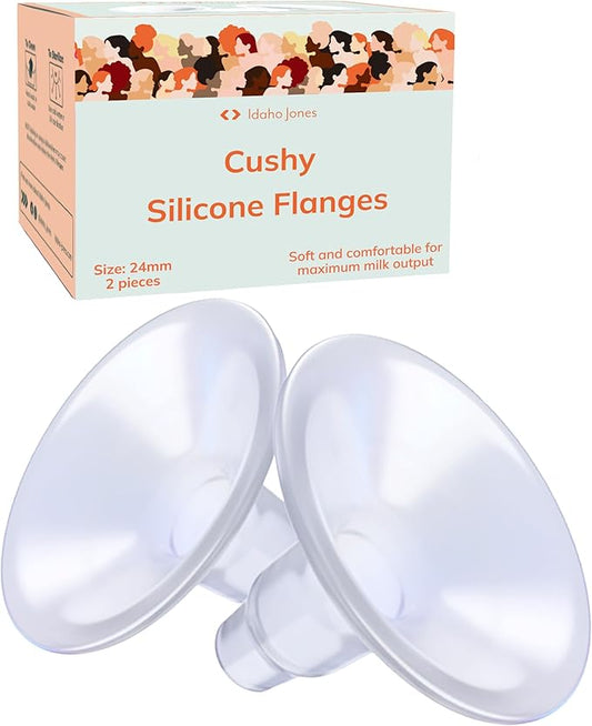 Cushy Silicone Flanges, Breast Shields - Replacement Pump Parts - for Spectra, Lansinoh, Medela Pumps - Great for Elastic Nipples - Double (2 Pack) - 24mm