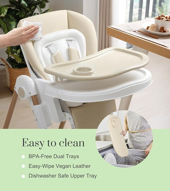 Mallify Foldable High Chairs for Babies and Toddlers, 3-in-1 Convertible Baby High Chair with Removable Soft Cushion and Tray, Adjustable Height & Recline, Lockable Wheels, Cream