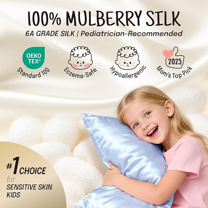 OLESILK 100% Mulberry Silk Toddler Pillowcase for Hair and Skin, Both Sides 19 Momme Pure Natural Silk Travel Pillow Cases with Hidden Zipper, 13"x 18", Light Blue