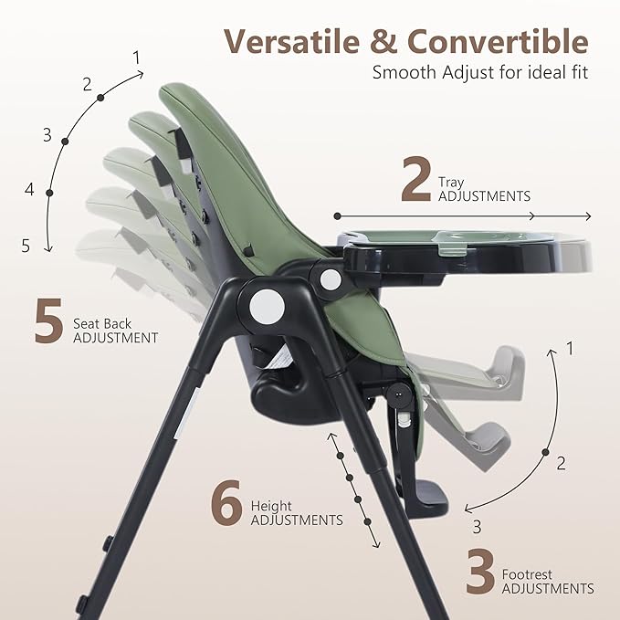 Kinder King Convertible High Chair for Babies & Toddlers, Adjustable Baby Feeding High Chair with Removable Double Tray, Simple Compact Fold for Space-Saving, 2 Built-in Wheels, Easy to Clean, Green