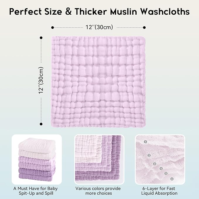 Muslin Baby Washcloths 6 Pack, 100% Cotton Wash Cloths for Babies, Large 12''X12'' Burp Cloths Absorbent and Soft for Newborn Infants Kids Boys Girls - Gradient Purple
