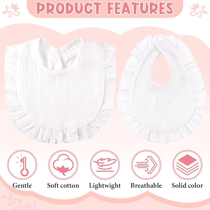 Kenning 18 Pcs Muslin Drool Baby Bibs Baby Girl Ruffle Bibs Absorbent Cotton with Snap Button for Boys Girls