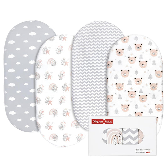 Gllquen Baby Bassinet Sheets 4 Pack, Breathable Cozy Fitted Mattress Sheet, Elastic Travel Crib Fashionable Pattern, Standard Cradle Safe Sheets for Baby Boys Girls 32"x16"(Rainbow)