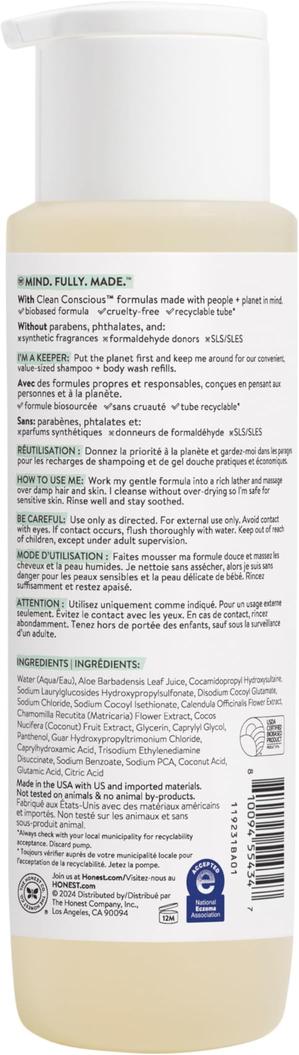 The Honest Company 2-in-1 Cleansing Shampoo and Body Wash for Sensitive Skin, Gentle Tear-Free Hypoallergenic Baby Wash with Naturally Derived Ingredients, Fragrance-Free, 18 fl oz