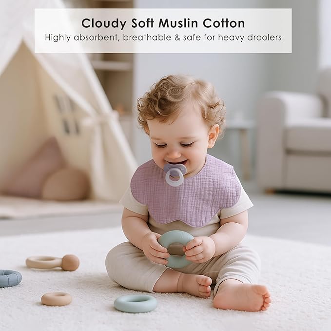 Muslin Baby Bibs, 6 Pack 100% Cotton Absorbent 360 ° Rotate Flower-Shaped Bandana Drool Bibs for Baby Girls & Boys