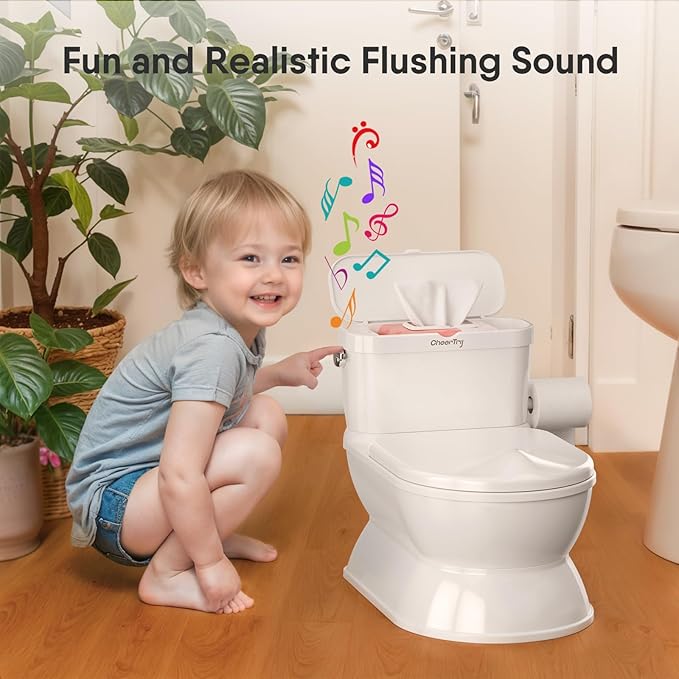 2-in-1 Toddler Potty Training Toilet - Larger Potty Chair & Detachable Training Seat for Boys & Girls Ages 1-3 with Flushing Sound, Wipes Storage, Toilet Paper Holder