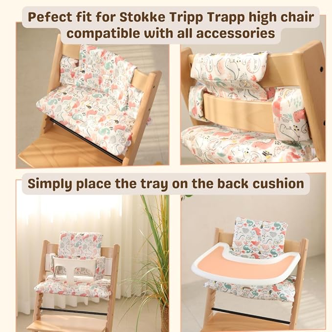 Waterproof & Compatible Stokke Tripp Trapp Cushion Set - Easy to Clean - Made Fabric from Korea - 100% Cotton Stokke Tripp Trapp High Chair Cushion Set (Dino Friends)