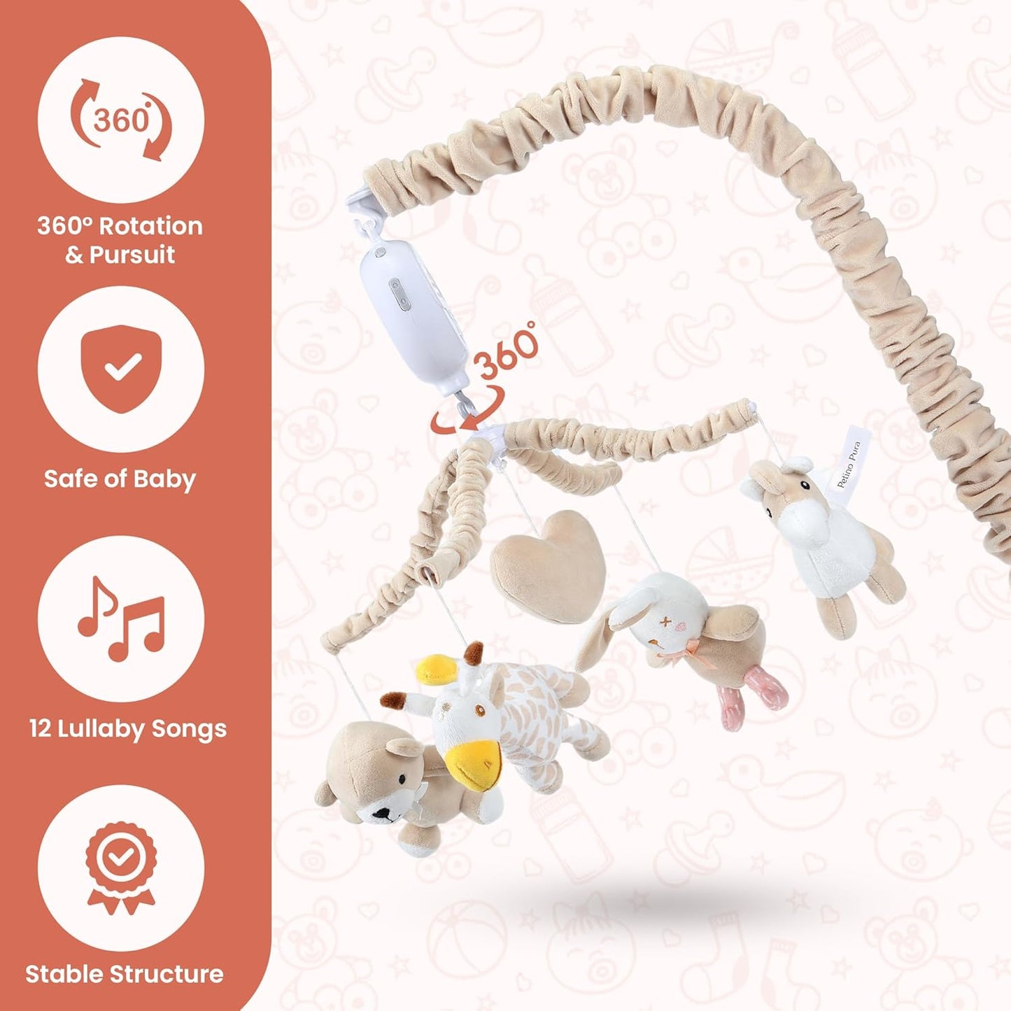 Musical Crib Mobile with 12 Lullabies, Rotating Arm and Detachable Plush Toys, Unisex Clip On Mobile for Standard Cribs, Baby Safe Materials for Sensory Development & Early Growth