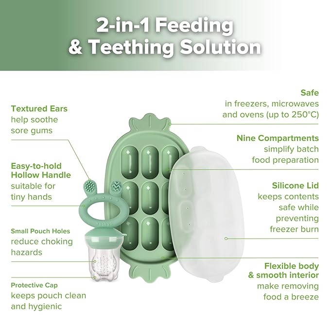 Haakaa Baby Fruit Food Feeder & Silicone Freezer Nibble Tray Combo - Breastmilk Popsicle Mold for Baby Cooling Relief, BPA Free Baby Mesh Food Feeder for Infant Self Feeding - Pea Green
